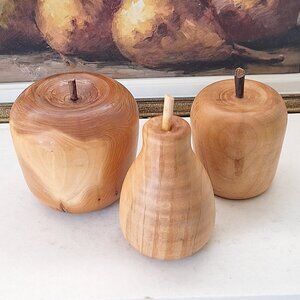 3 Vintage ? wooden apple pear statue wood carving hand carved set